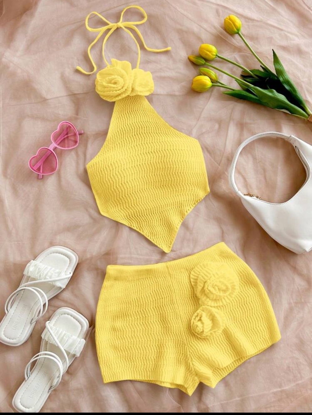 SHEIN Yellow Knit Halter Top & High Waist Shorts Set